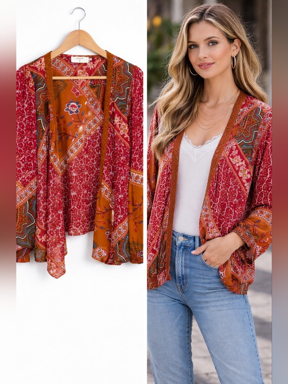 Cream Smilla Cardigan Boho Paisley Kimono Top Size 42